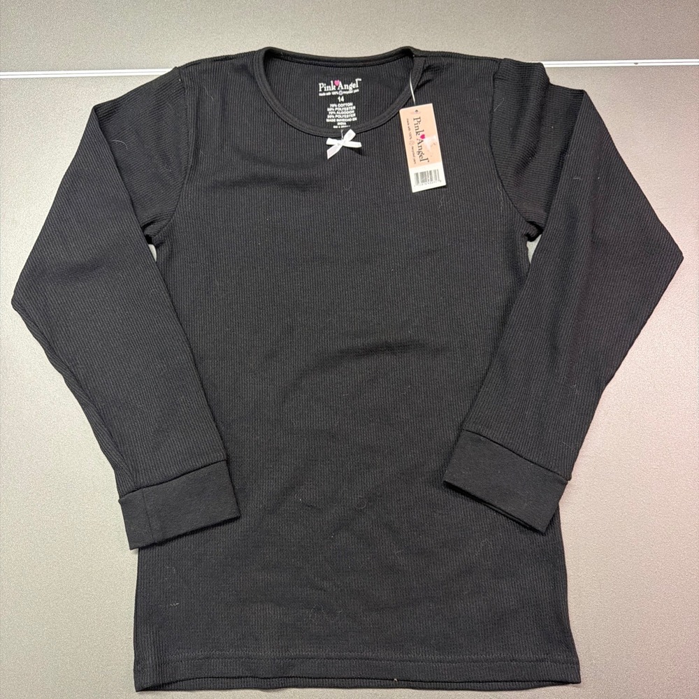 Pink Angel Girls Black Ribbed Long Sleeve Top‎ Bow Accent Size 14 NWT